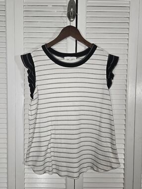Ces Femme Black White Striped Ribbed Knit Flutter Sleeve Round Neck Top Sz L